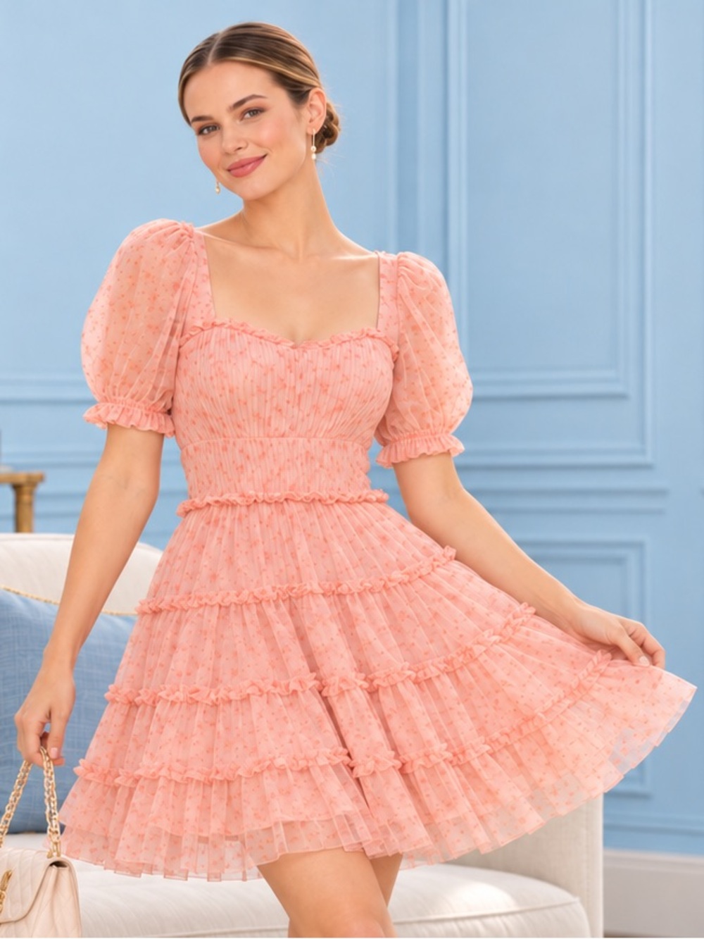 NWT Jonathan Simkhai Delilah Floral Flouncy Tulle Mini Dress - peach Pink Sz 10